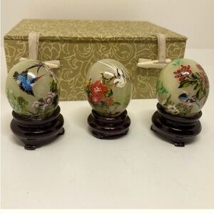 Asian Hand-Painted Collector Eggs Set of 3 with Stands and Original Box